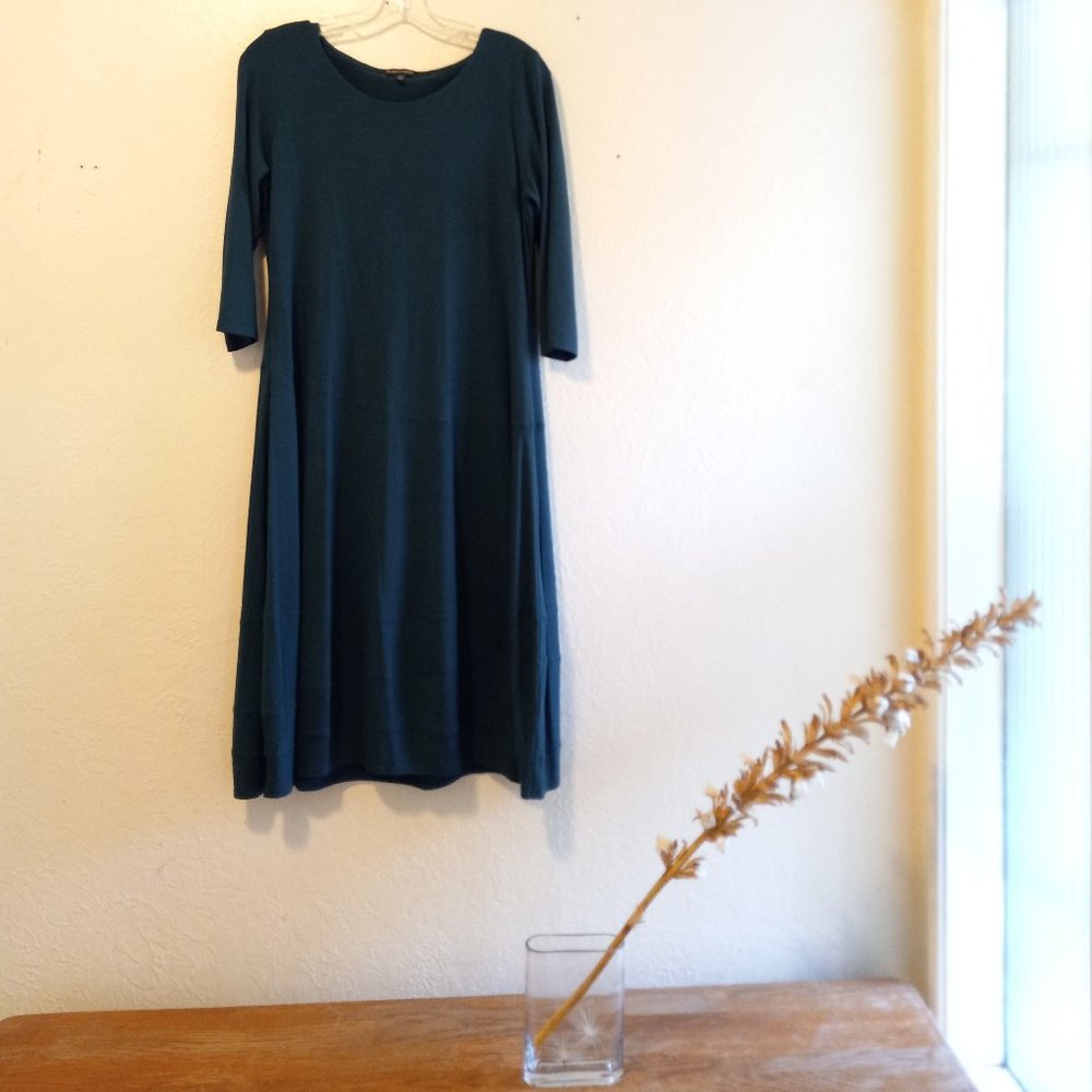 Eileen Fisher Dark Teal Seam Detail Jersey Dress Comfort Lagenlook Minimalist